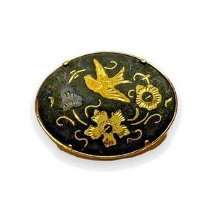 Vintage Damascene Oval Bird & Flower Brooch Trombone Clasp